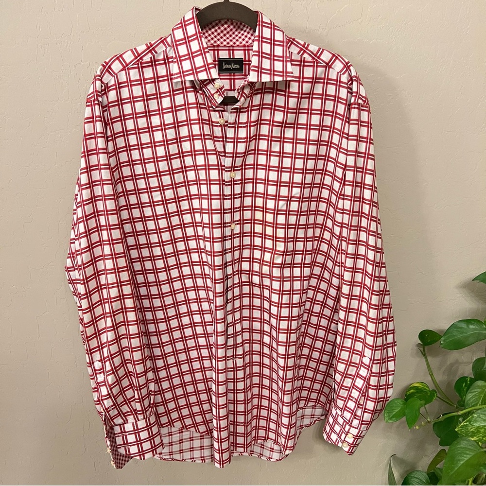 21. Neiman Marcus Men’s Cotton plaid dress buttondown Shirt, cream/red, size L